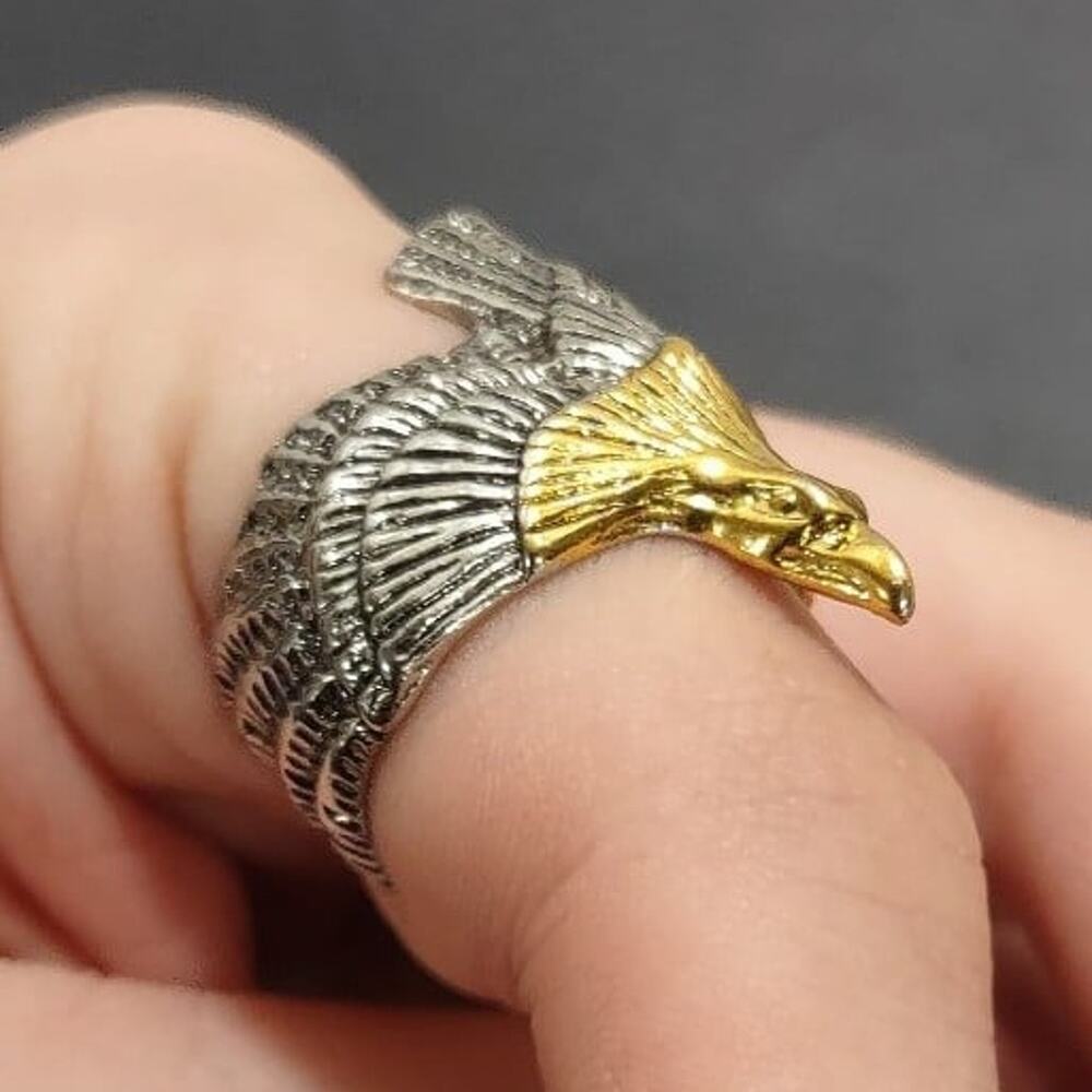 Men's Silver & Gold Eagle Ring Adjustable VTG Style Valentine's Birthday Gift